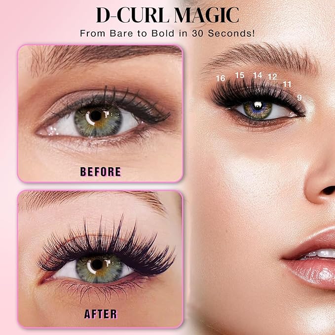 Lash Clusters DIY Cluster Eyelash Extensions 280pcs 9‑16mm 40D Fluffy D Curl Natural Volume Lashes–Waterproof Fake Cat Eye Wispy Individual Soft Clusters (16MIX2-2-X)