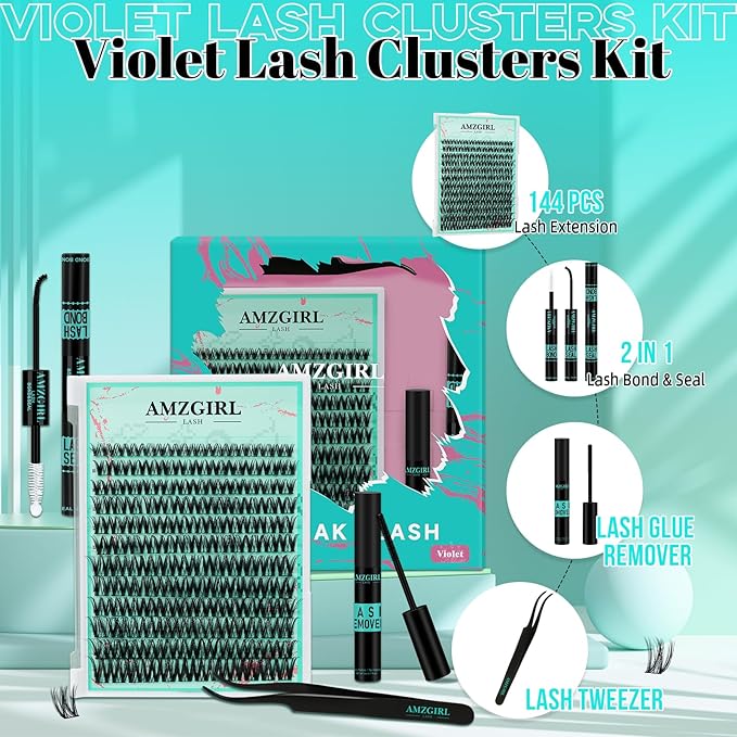 Lash Clusters Kit Flora 144PCS Eyelash Extension Kit with Lash Bond and Seal,Eyelash Glue Remover and Applicator,Natural Lashes Premium Wide Stem Eyelashes Cluster Kit(Violet,D-Mix8-18mm)