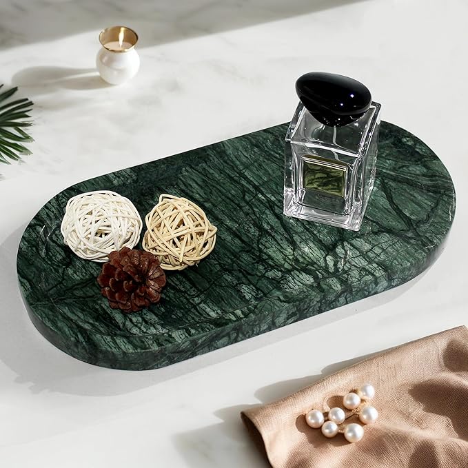 YMXYJM Genuine Real Natural Marble Tray for Bathroom, Luxury Indian Green Stone Vanity Tray, Decorative Oval Trays for Countertop Storage Organizer, Dresser, Kitchen, Home Decor, 11.8" x 6", Green