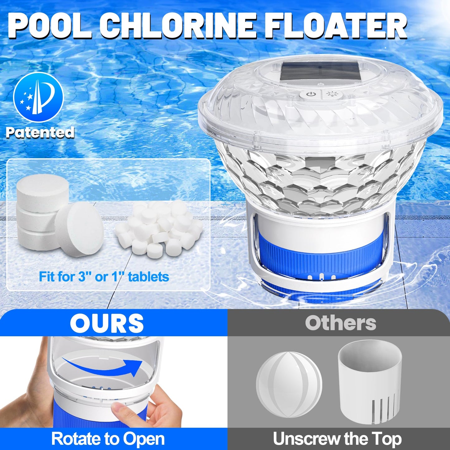 KingSom 2025 Upgrade Pool Chlorine Floater,Solar Chlorine Floater with Lights,Buttons Control Floating chlorines Dispenser for Pool,Adjustable Flow Chlorines floaters,Hot Tub Chlorines Floaters, Blue