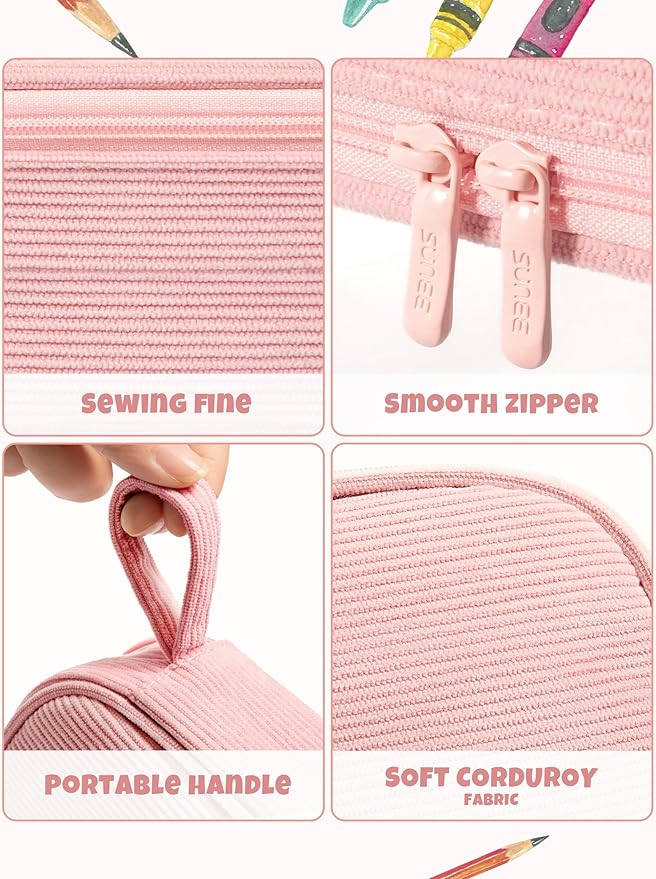 SUNEE Cute Pencil Case, Large Pencil Pouch, Aesthetic Big Pencil Bag with Zipper, Kawaii Stationery Storage and Organizer, Soft Corduroy Bag School Supplies for Teen and Adult, Boys&Girls, Soft Pink