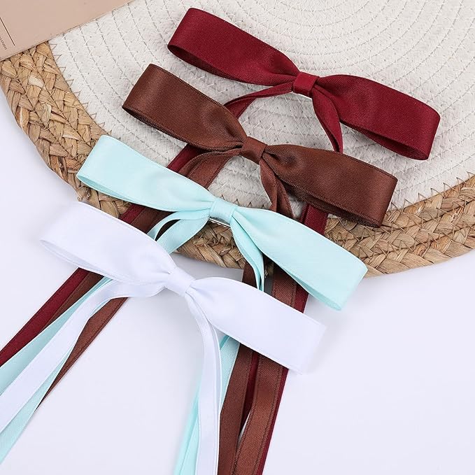 Hair Bows Clips Coquette Ribbon Bowknot with Long Tail Princess Hair Bows French Barrettes Hair Accessories for Women Girls 16PCS (Wine Red, White, Aquamarine, Brown)
