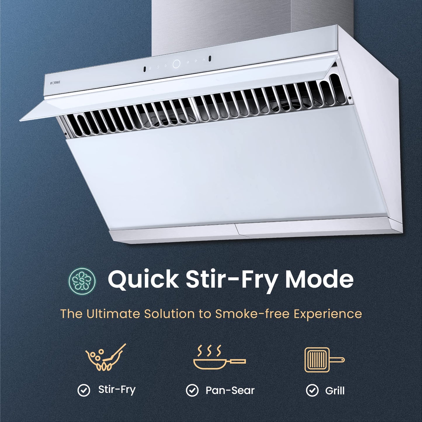FOTILE JQG9006-W 36" Under-Cabinet or Wall-Mount Range Hood | Dual DC-Motor | Slant Vent Series | Motion Activate| Touchscreen with 4 Speed Level | Modern Kitchen White Schott Glass