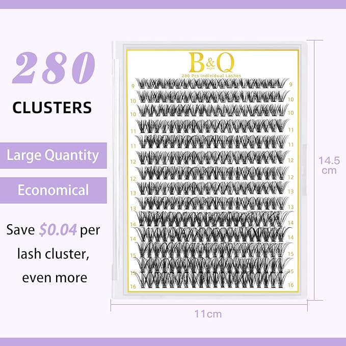 B&Q Lash Clusters 280PCS Natural Eyelash Clusters 40D D 9-16mm Individual Lash Wispy Eyelash Extension with Soft Thin Band Classic Look Pestañas Postizas Comfortable DIY at Home(40D-D-9-16mm)