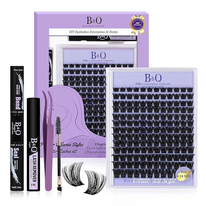 B&Q Wispy Lash Clusters Kit B06, DIY Lash Extension Kit 156PCS Eyelash Extension Kit, Soft Natural Lash Clusters 8-18MIX D Curl Lash cluster, Thin Black Band Cluster Eyelash Extensions (B06 Set)