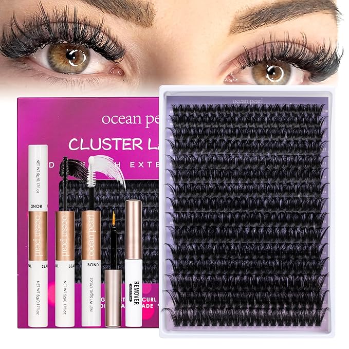 Ocean Pearl Lash Clusters 10-20mm Thick 300D Volume Eyelashes Clusters Lashes 300PCS Lash Extension Kit Eyelash Extension Kit Individual Lashes DIY Lash with Lash Bond+Seal+Remover+Tweezer-300D
