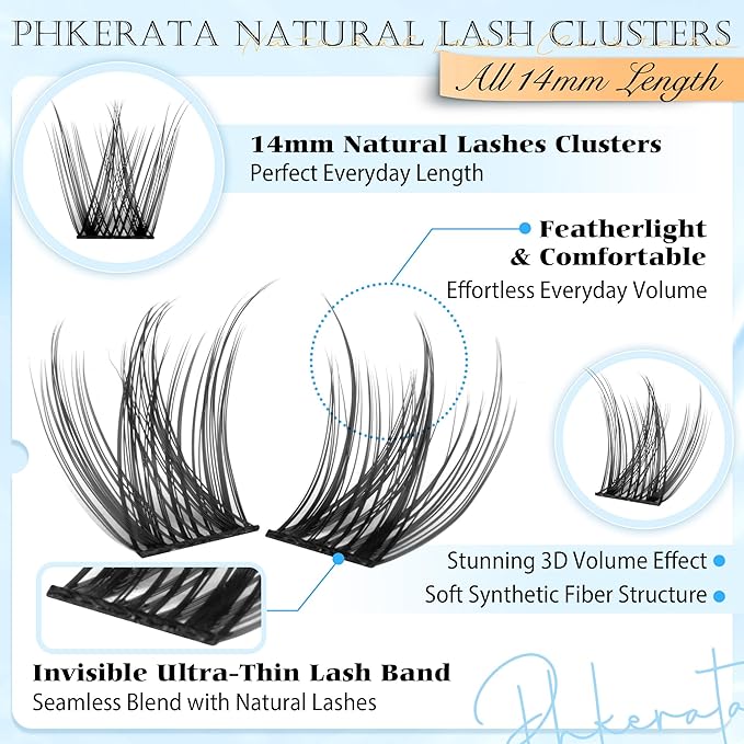 PHKERATA 14mm Natural Cluster Lashes Wispy Eyelash Clusters DIY Individual Lashes C Curvature Eyelash Extensions for Daily Wear with Soft Lash Band