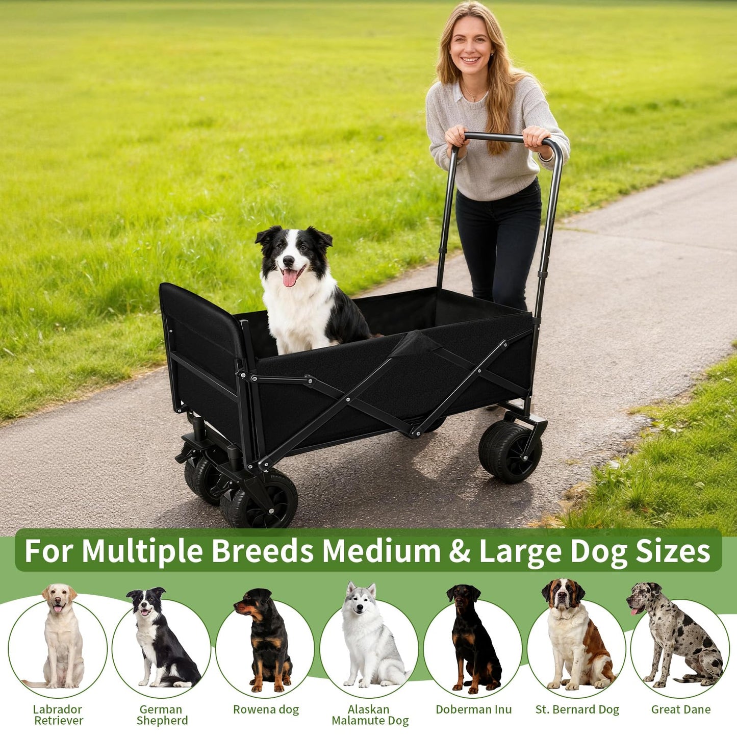 Dog Stroller for Large Dogs,Pet Stroller for Medium Dogs Up to 150lbs,Folding Dog Wagon Cart,Heavy Duty All-Terrain with Adjustable Handle,Storage Organizer,Waterproof Oxford Fiber,Black