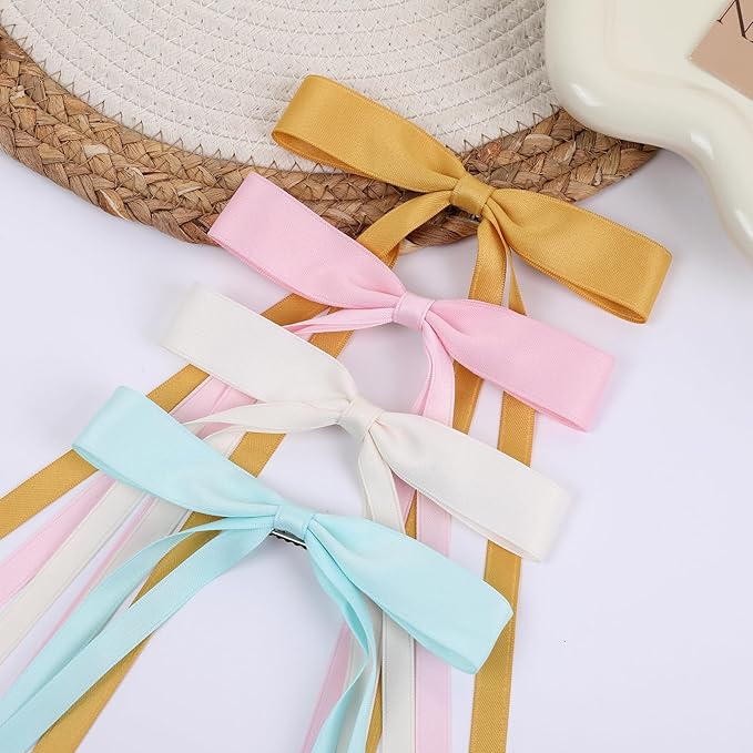 Hair Bows Clips Coquette Ribbon Bowknot with Long Tail Princess Hair Bows French Barrettes Hair Accessories for Women Girls 16PCS (Pink, Yellow, Cream, Aquamarine)