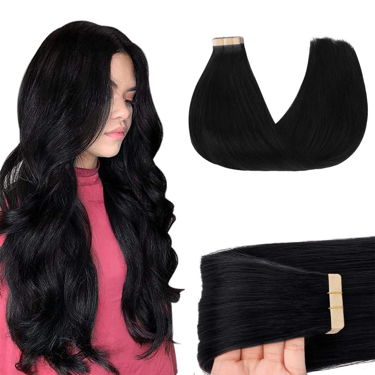 GOO GOO Tape in Hair Extensions Human Hair, 1 Jet black, 20inch 50g 20pcs, Skin Weft Seamless Invisible, Silky Straight with Thick Ends, Remy Human Hair