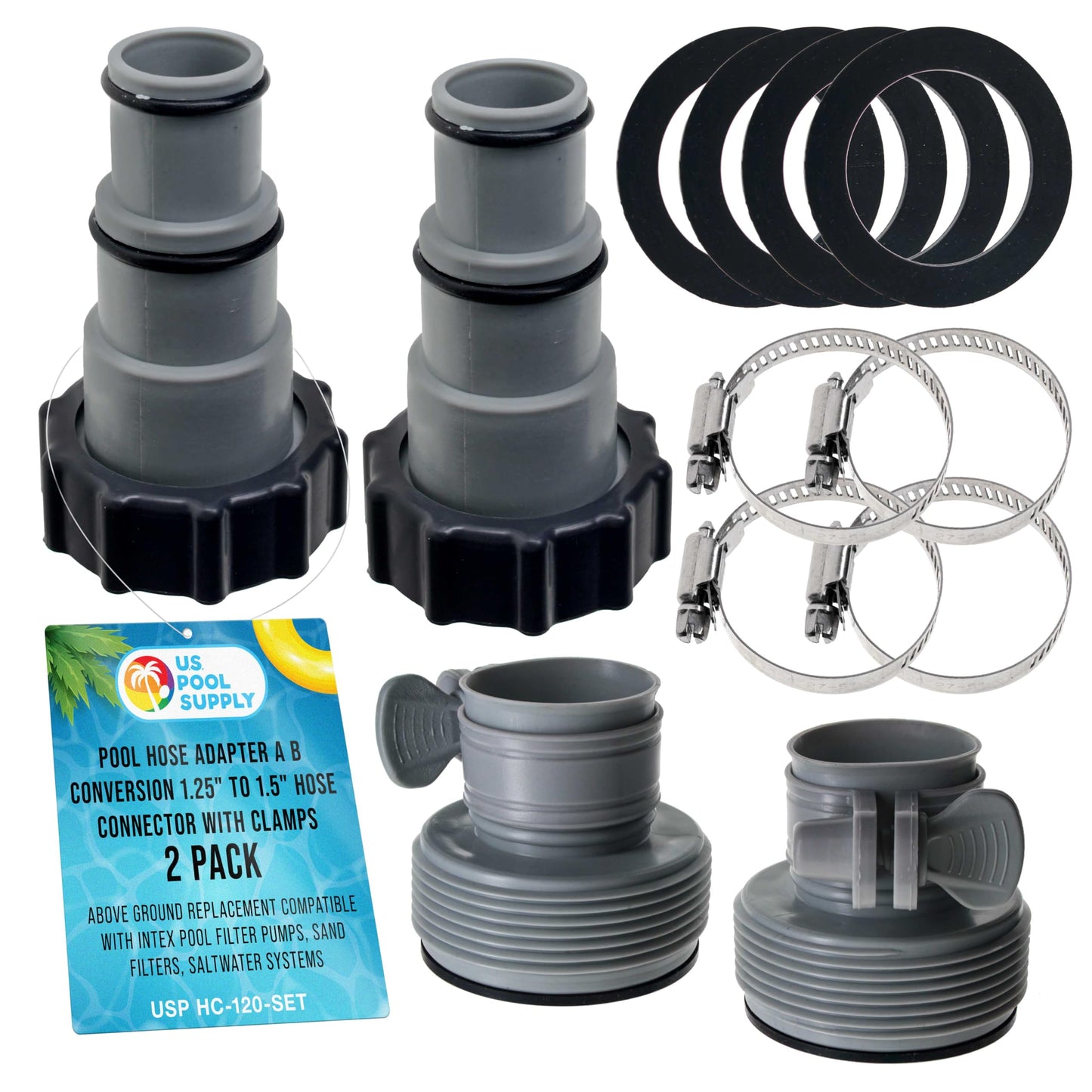 U.S. Pool Supply Pool Hose Adapter A B Conversion 1.25" to 1.5" Hose Connector with Clamps, Pack of 2 - Above Ground Replacement Compatible with Intex Pool Filter Pumps, Sand Filters Saltwater Systems