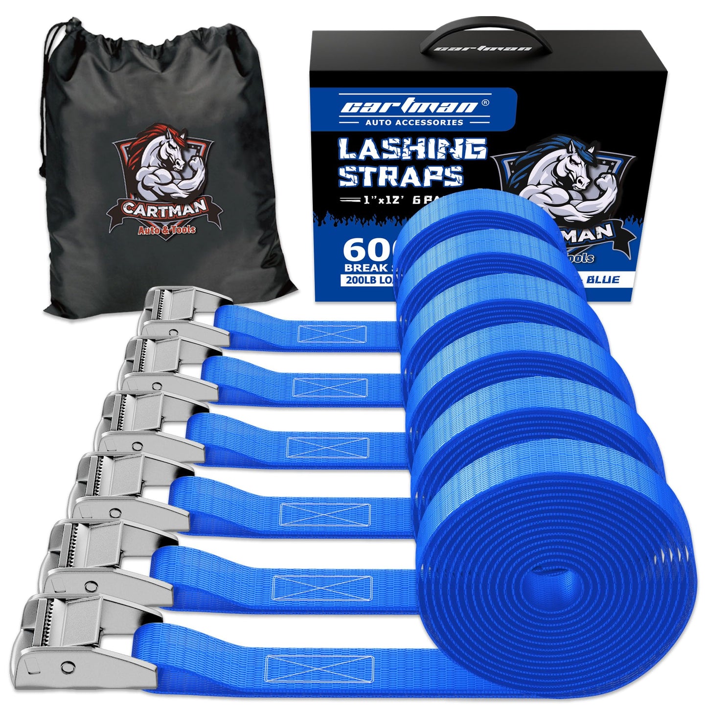Cartman 1" x 12' Lashing Straps Cargo Tie-Down Strap Up to 600lbs, 6pk in Carry Bag, Blue
