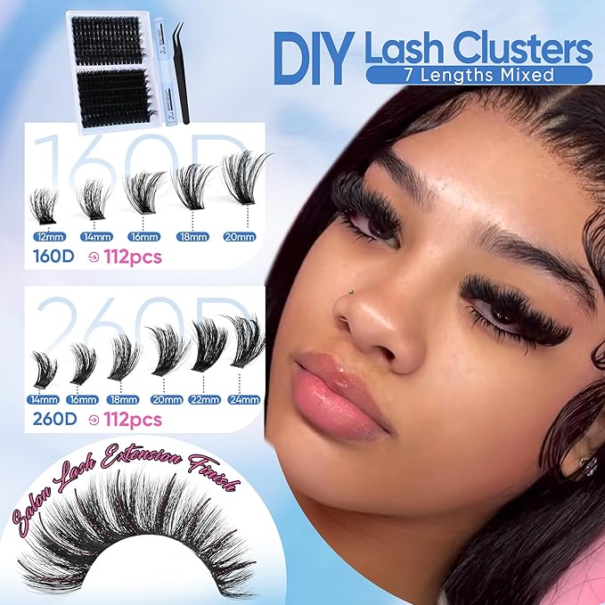CORUSCATE Lash Clusters Kit 160D+260D Eyelash Clusters 12-24mm Long Lash Extension Kit thick Cluster Eyelash Extensions Volume Strip Mink Lashes Individual Dramatic Lash Kit with Lash Bond and Seal