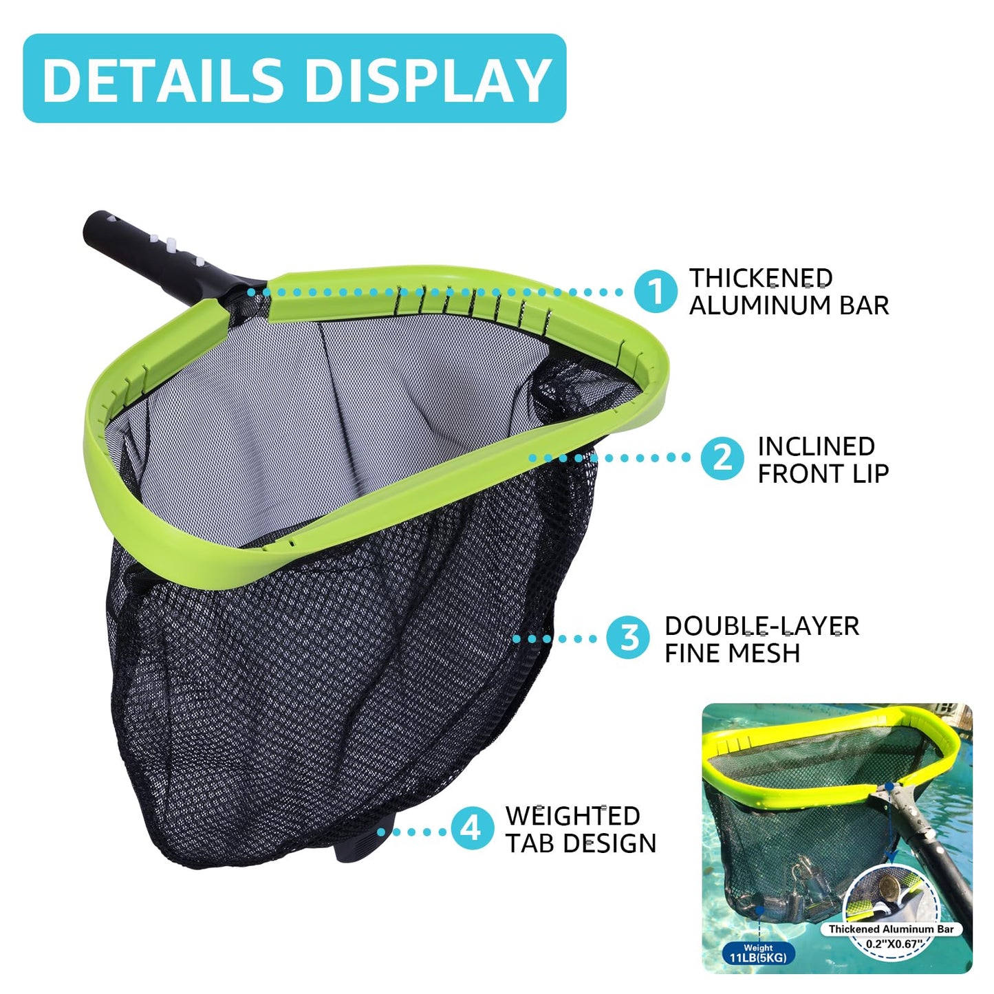 Sepetrel Deluxe Swimming Pool Cleaning Kit Including Professional Leaf Skimmer Net,Half-Depth Fine Mesh Net,17.5" Pool Brush Head & Hand Scrub Brush(NO Pole)