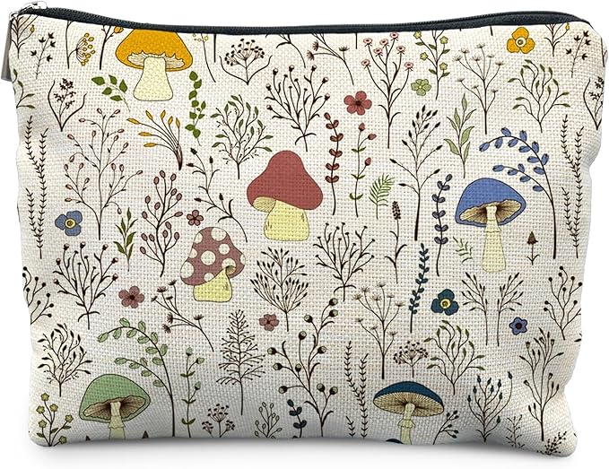 Vintage Colorful Mushroom Makeup Bag, Gifts for Women Lovers, Floral Cosmetic Toiletry Bag, Accessories and Stuff