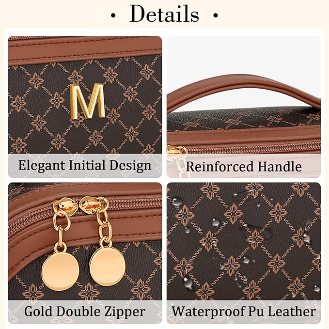 Birthday Gifts for Women Teen Girl, Personalized Initial Makeup Organizer Bag Set, Open Flat Travel Cosmetic Bag With Clear Divider and Handle(Coffee,M)