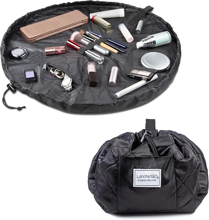 Lay-n-Go Cosmo Layflat Cosmetic & Makeup Bag Organizer - Portable Drawstring Bag w/Zipper Pocket, Brush Storage Loops & More - Durable, Machine Washable Toiletry Bag for Travel (22", Black)