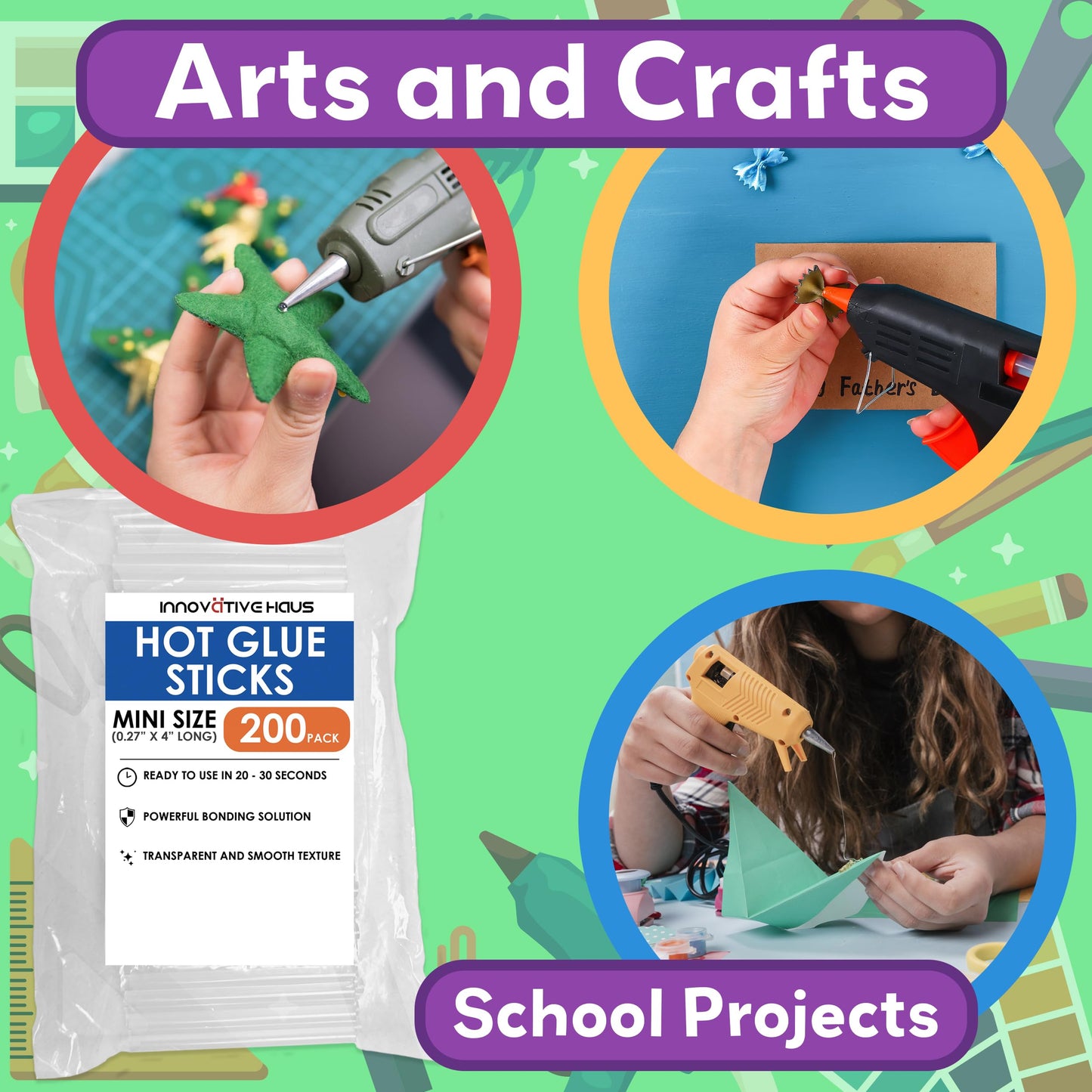 Innovative Haus Mini Hot Glue Sticks (200 Pack) - Fits Mini Glue Guns, 4" x 0.27" - Craft, Bond, Create on Wood, Metal, Glass and More - Transparent, Strong and Quick-Drying