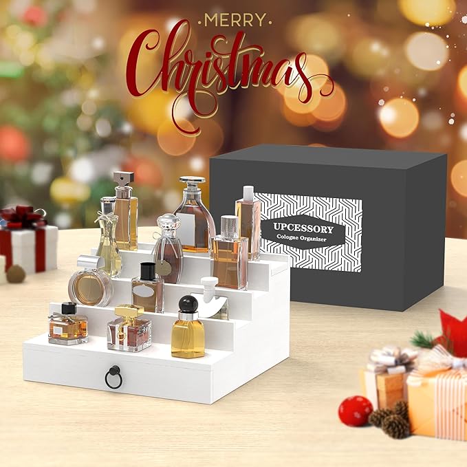 upcessory Cologne Organizer for Men, 4 Tier White Wood Perfume Organizer with Felt Lining Drawer and Hidden Compartment, Perfume Display Holder, A Gift for Men