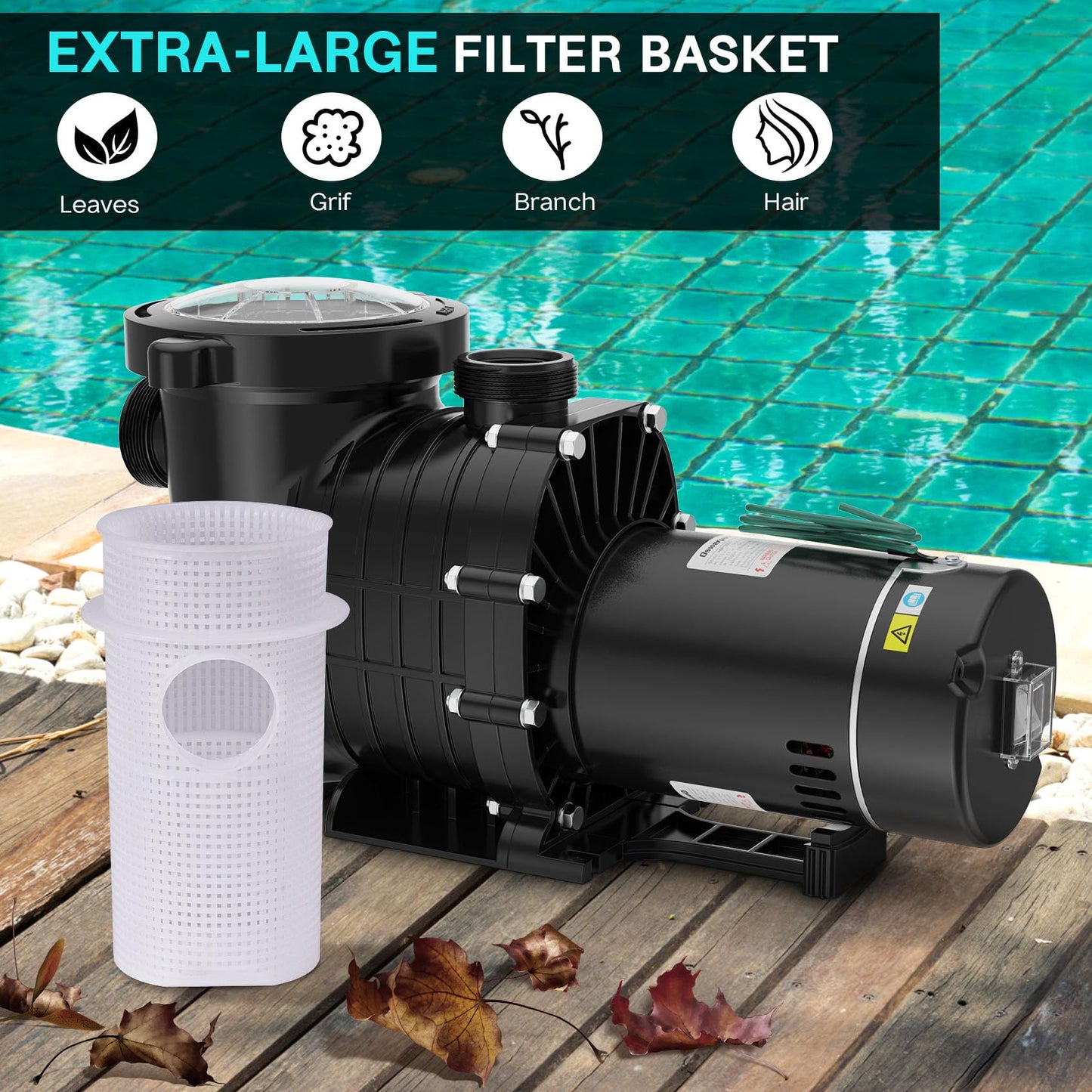 Oswerpon Pool Pump Above Ground/Inground, 1.5 HP 6600GPH Powerful Selfpriming Pool Pumps for 15,000-31,000 Gallons Pools, Dual Voltage Swimming Pool Pump with Strainer Basket & Drain Plug