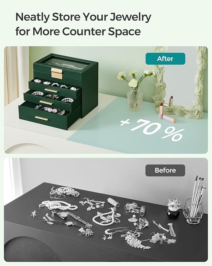 SONGMICS GISELLA Collection - Jewelry Box Organizer, 4-Layer Jewelry Storage with 3 Drawers, Shiny Metal Hardware, Glass Lid, Modern, 6 x 9.9 x 8.5 Inches, Forest Green and Gold Color UJBC161G01