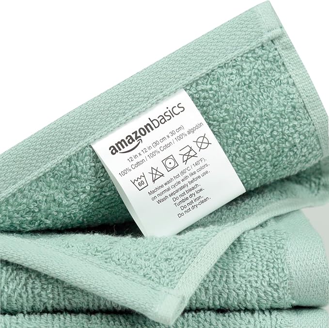 Amazon Basics Highly Absorbent, Fast Drying 100% Cotton Washcloths for Bathroom, Machine Washable, 12 x 12 inches, Seafoam Green, 24-Pack