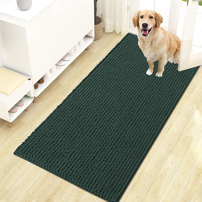 OLANLY Dog Door Mat for Muddy Paws 47x24, Ultra Absorbent Chenille Mud Doormat, Non-Slip Washable and Dirt Trapping Doormat for Indoor Entryway, Quick-Dry Indoor Pet Bed Mats for Dogs, Blackish Green