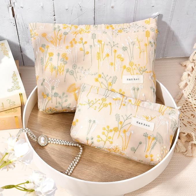 SOIDRAM 2 Pcs Makeup Bag Large Cosmetic Bag Toiletry Bag Makeup Pouch Travel Bag Organizer Cute Makeup Brushes Aesthetic Accessories Storage Bag for Women Wildflower Embroidery