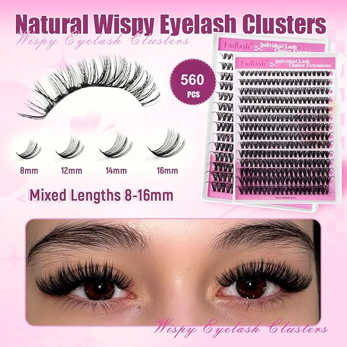 FADLASH Lash Clusters 560Pcs Natural Eyelash Clusters 40D Wispy Lash Extensions 8-16mm D Curl Cluster Eyelash Extensions DIY at Home, 2 Pack (40D 8-16mm, 2 Pack)