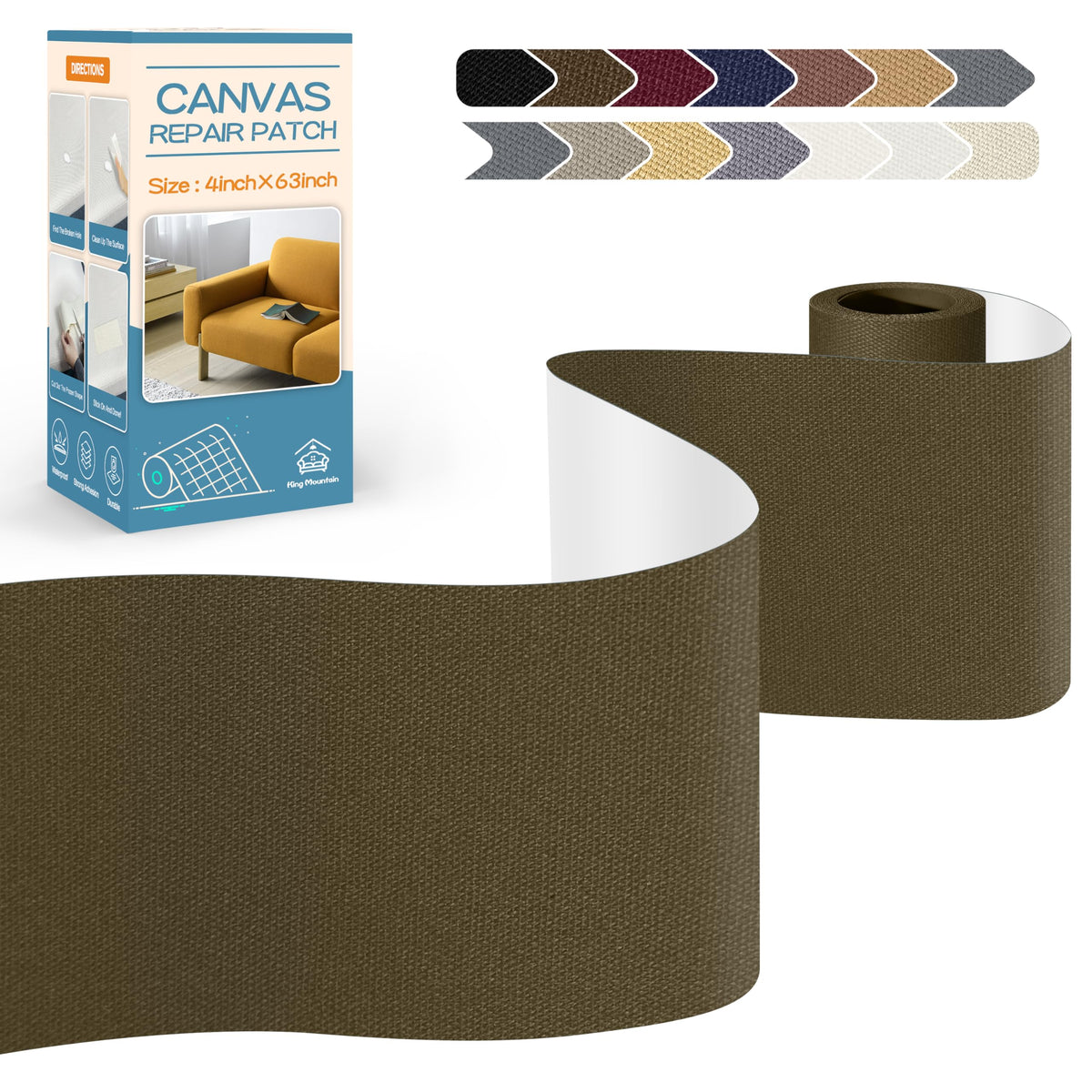 KING MOUNTAIN Canvas Repair Tape,Outdoor Gear Patch, 4×63 Inches,Waterproof,Self-Adhesive for Repairing Boat Covers,Sun Shades,Sofas,Tents,Lounge Chairs,Awnings (Dark Green)