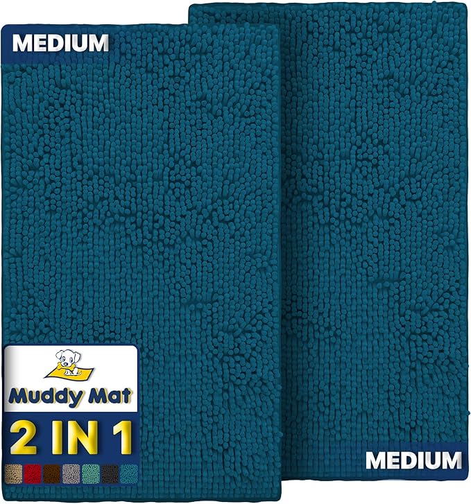 Muddy Mat® 2-Piece Atlantic Blue Medium 30"X19" AS-SEEN-ON-TV Highly Absorbent Microfiber Door Mat, Bath Mat and Pet Rug, Non Slip Thick Washable, Soft Chenille for Kitchen Bedroom Indoor and Outdoor