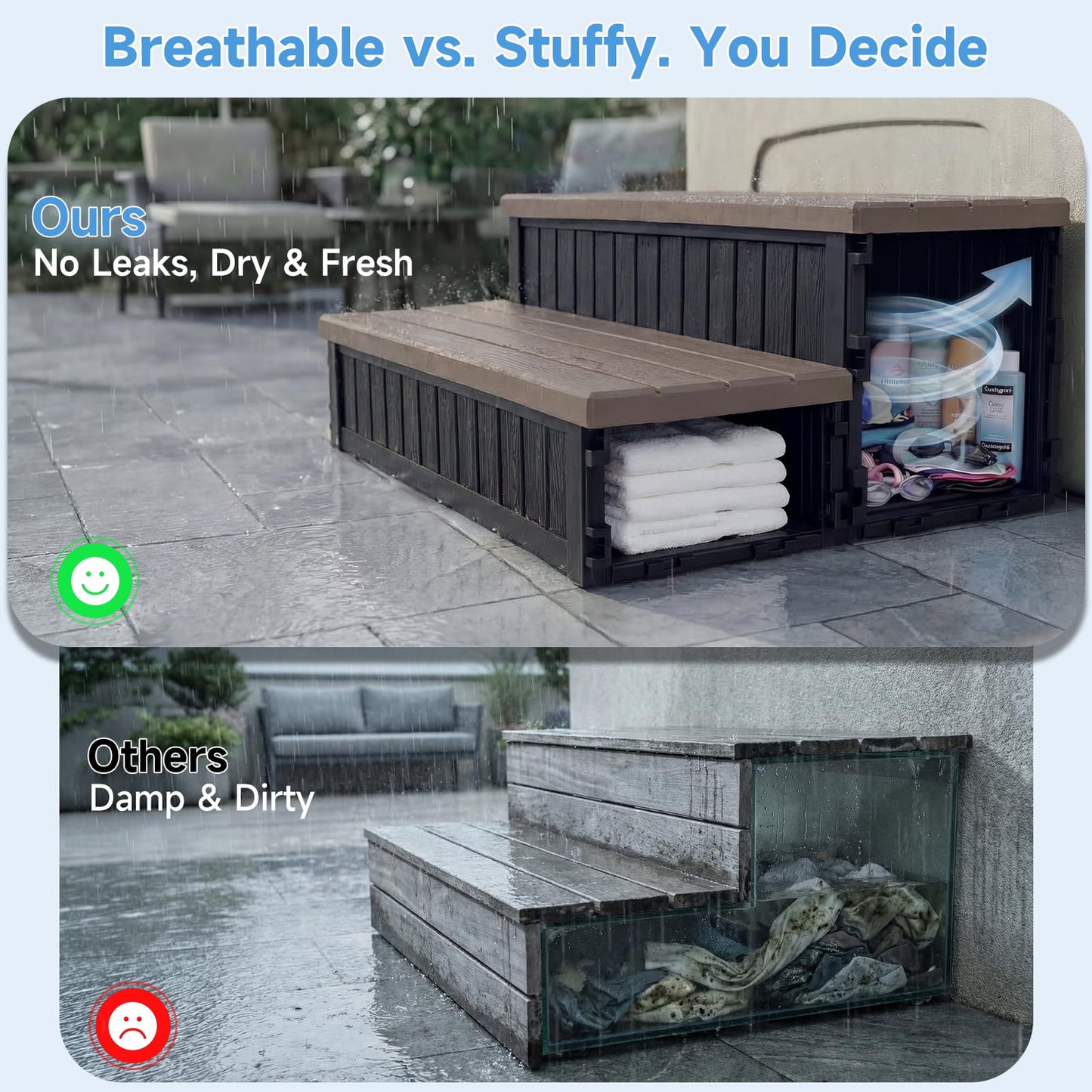 36.6” Hot Tub Steps with Storage, 780 lbs Load Capacity Heavy Duty Outdoor Spa Steps with No-Screw Snap Assembly, Non-Slip Universal Hot Tub Stairs for Spa, Pool, Patio, RV, Porch & Indoor Use, Coffee