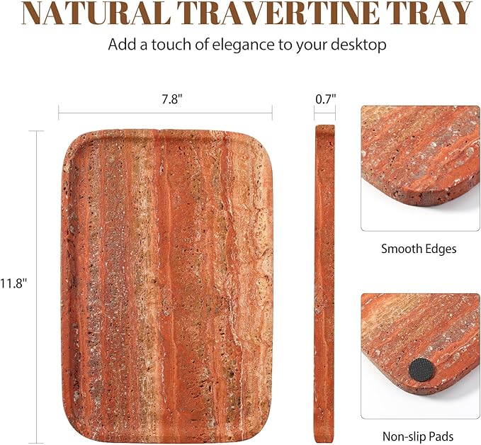 Koville Red Travertine Tray, 12"x8" Natural Stone Vanity Tray for Countertop Bathroom Kitchen Dresser, Decorative Marble Catchall Trays for Perfume Jewelry, Rectangular Serving Tray