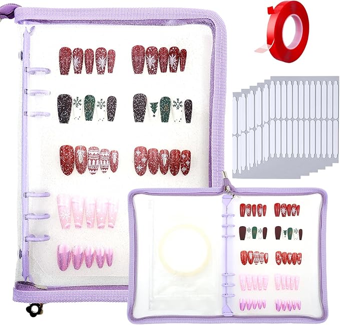 Press on nail storage Nail Storage Book - Portable Versatile Organizer for Press - On Nails, Jewelry and More with 90 Pcs Adhesive Double Sided Tape Purple