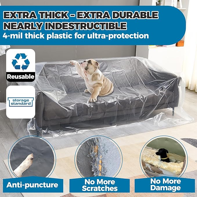 Plastic Furniture Covers for Moving - Heavy-Duty Couch Cover for Sofa, Waterproof & Dustproof Clear Moving Bags for Renovation, Wrap or Storage - Extra Large Bag Open Size 96 x 42 x 62 Inch