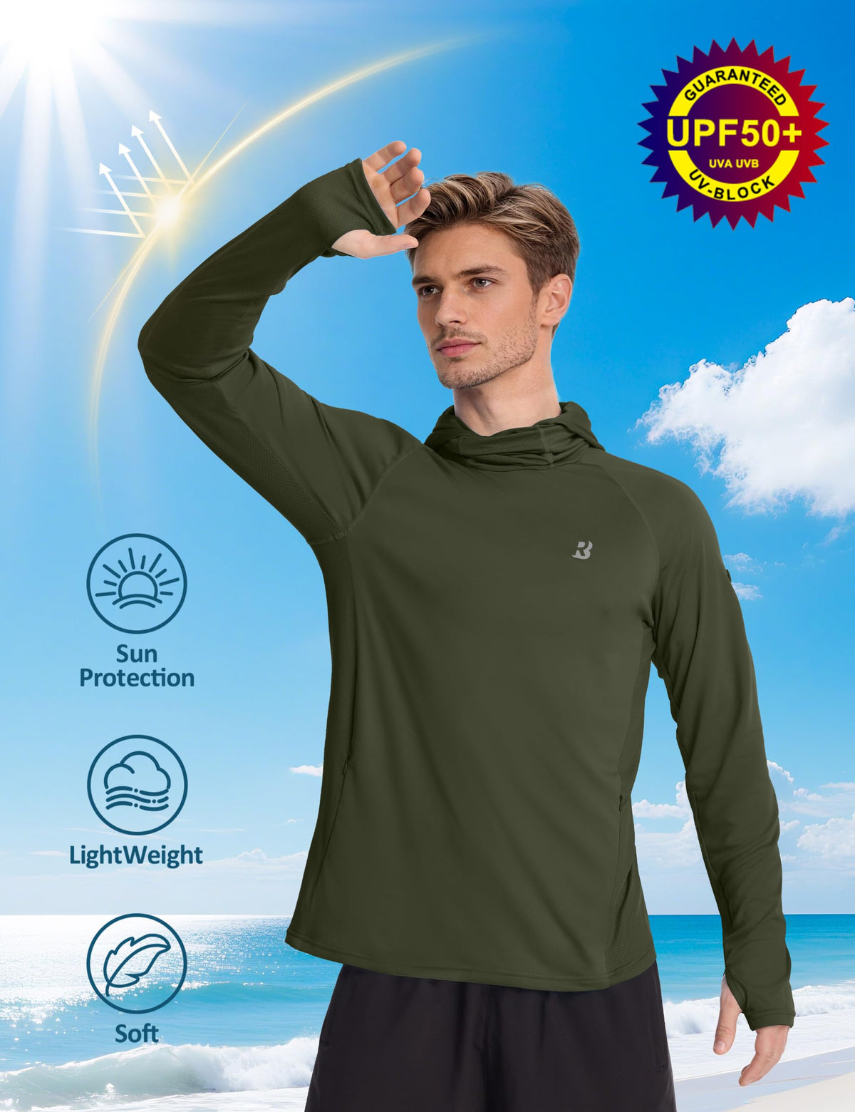 Roadbox Mens UPF 50+ Sun Protection Hoodie, Long Sleeve Fishing Shirt with Mask, Lightweight UV SPF Hooded for Hiking Running Dark Green