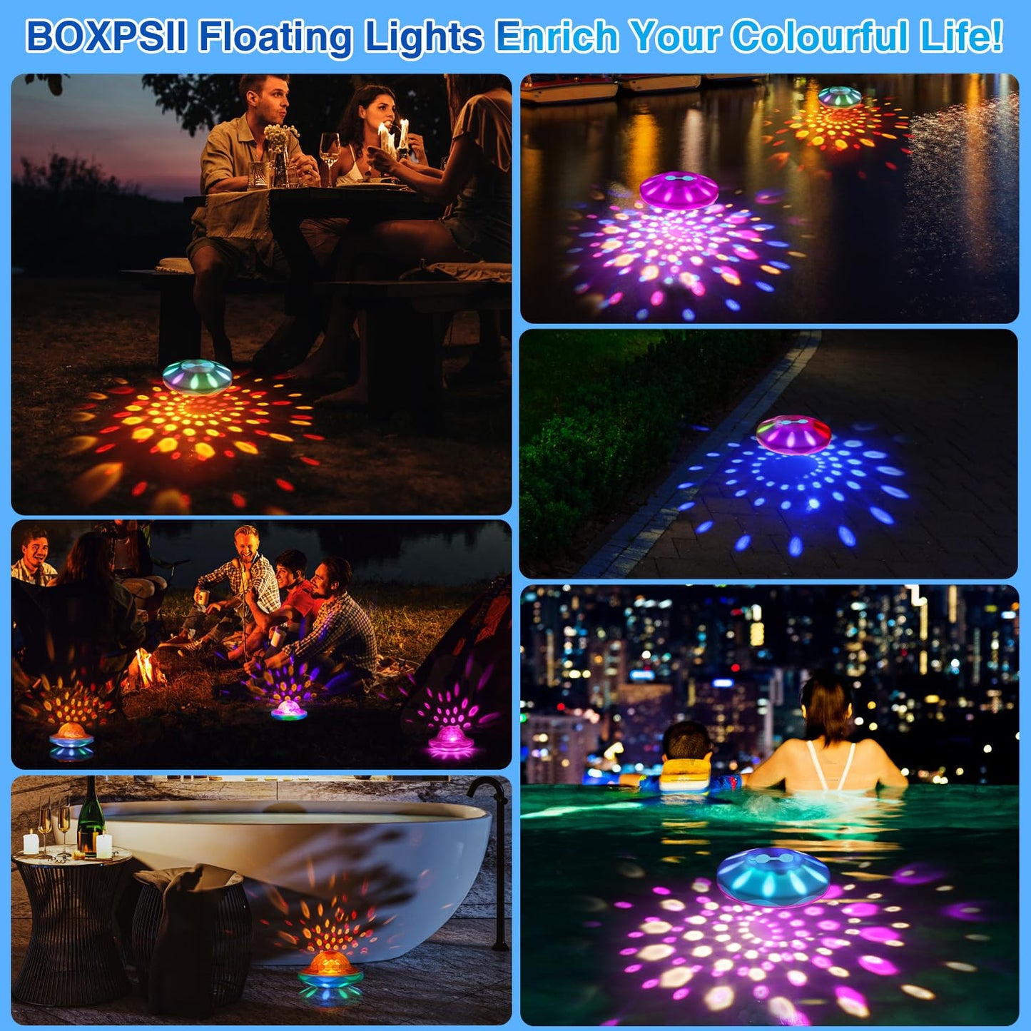BOXPSII Floating Pool Lights(2 Pack), Pool Lights IP68 Waterproof, Rechargeable RGB Upper and Lower Color Changing Pool Floating Light with 6 Dynamic Lighting, Floating Light for Pool, Garden,Paths