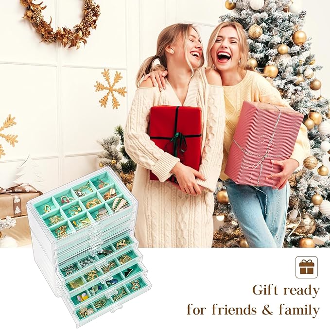 ProCase Earring Holder Organizer Jewelry Box with 8 Drawers, Acrylic Clear Earring Case with Adjustable Velvet Trays for Women - Aqua, 8 Layers