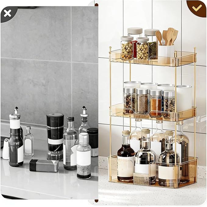Akinbas 3 Tier Bathroom Organizer Countertop Makeup Perfume Tray Skincare Organizer for Bathroom Dresser Vanity (Gold)