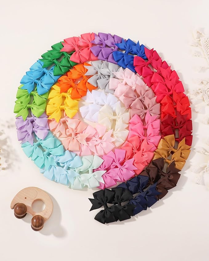 Choicbaby 60pcs 3 Inches Boutique Grosgrain Ribbon Pinwheel Hair Bows for Baby Girls, Toddler Bows Hair Clip Birthday Gifts In Pair