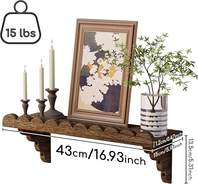 QsQueen Scalloped Wood Wall Shelf Ã¢ÂÂ 17 Inch Floating Shelf with Wood Brackets, Easy to Install Rustic Wall Shelf for Living Room, Bedroom, Bathroom, or Any Space