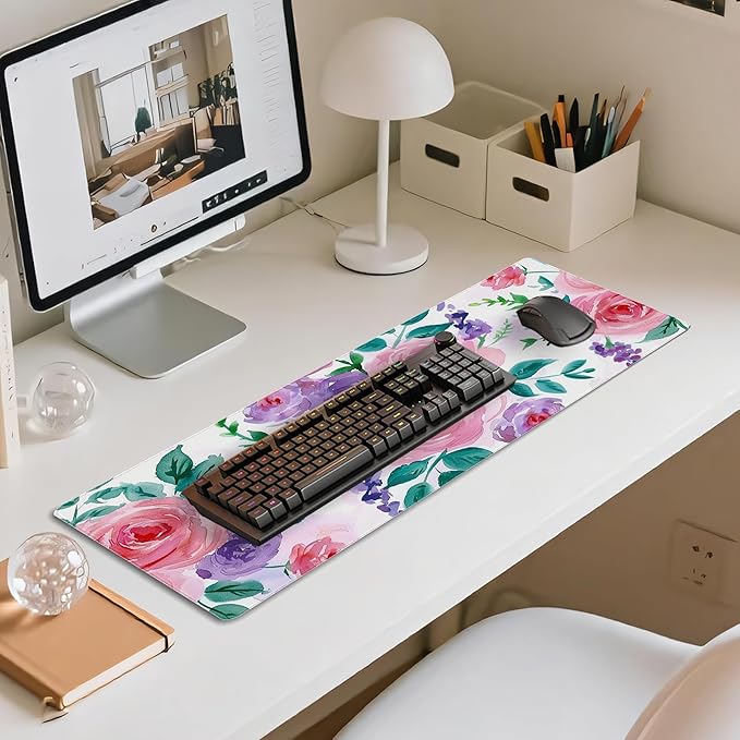 31.5?€?x11.8?€?Large Gaming Mouse Pad for Desk, Mouse Mat with Seamed Edges, Waterproof Desk Pad, Non-Slip Rubber Base, Keyboard Pad Computer Mat, Big XL Mousepad-Rose Watercolor Painting