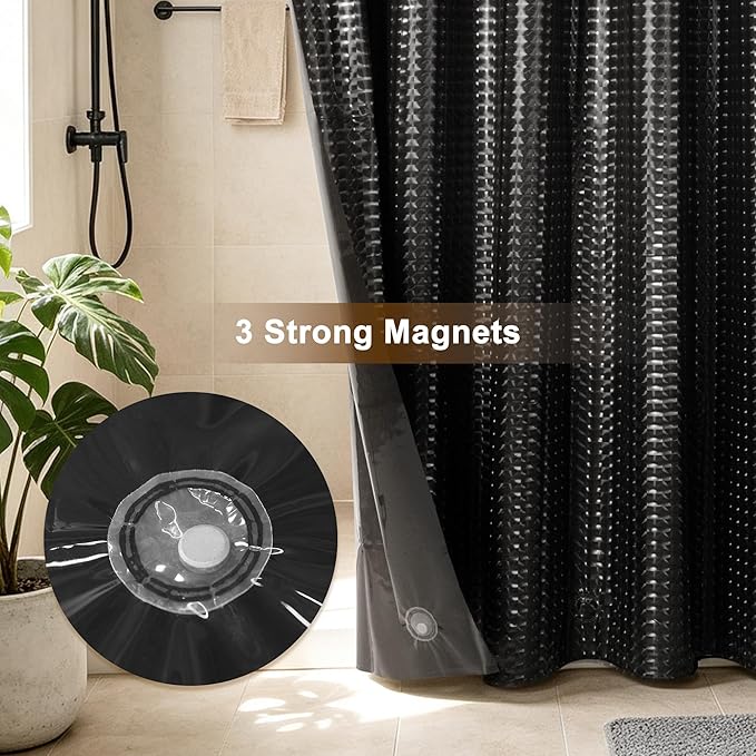 Barossa Design Extra Long Shower Curtain Liner 72" x 84", Waterproof XL PEVA Shower Liner with 3 Magnets for Bathroom, Lightweight, Metal Grommets - Dimensional Black, 72x84