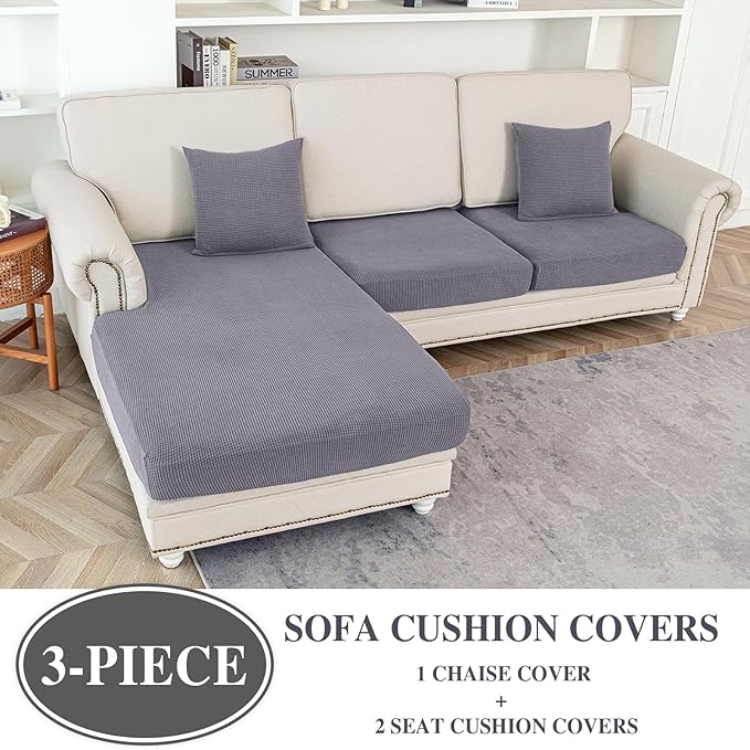 Couch Cushion Covers for Sectional Sofa L Shape Washable Separate Seat Chaise Couch Cover Stretch Sofa Slipcovers with 2 Pcs Pillowcases(2 Seater + 1 Chaise, Light Grey)