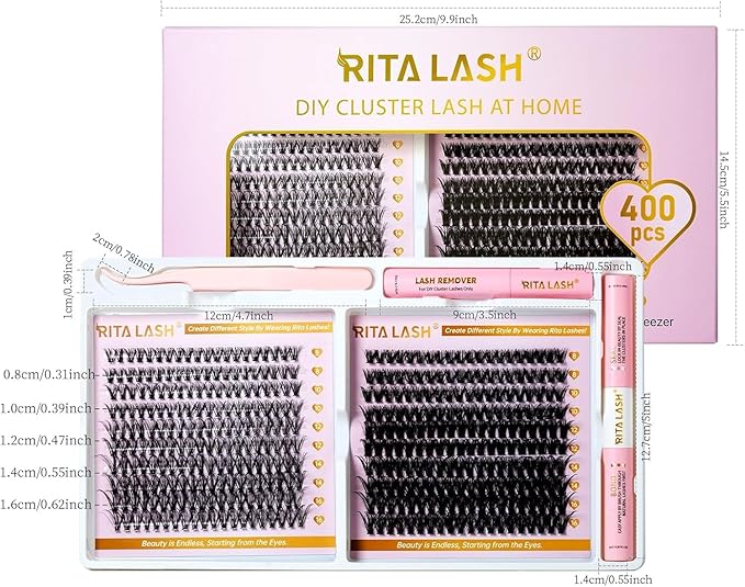 Lash Extension Kit DIY Lash Clusters Kit 400pcs Cluster Lashes Individual Lashes Eyelash Extension Kit with Lash Bond and Seal,Lash Remover,Lash Tweezers(30D+50D Cluster Kit,8-16mm)