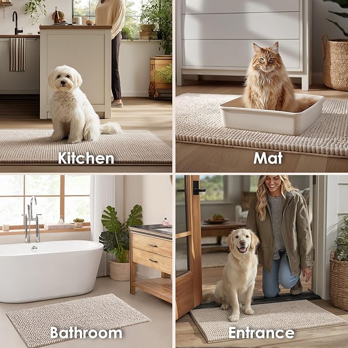 EHEYCIGA Super Absorbent Dog Door Mat for Muddy Paws 48x30 Inch Indoor, Front Doormat Outside Entrance, Quick Dry Chenille Washable Dog Crate Bed, Non-Slip Pet Rug Mud Mat Outdoor Entryway, Beige