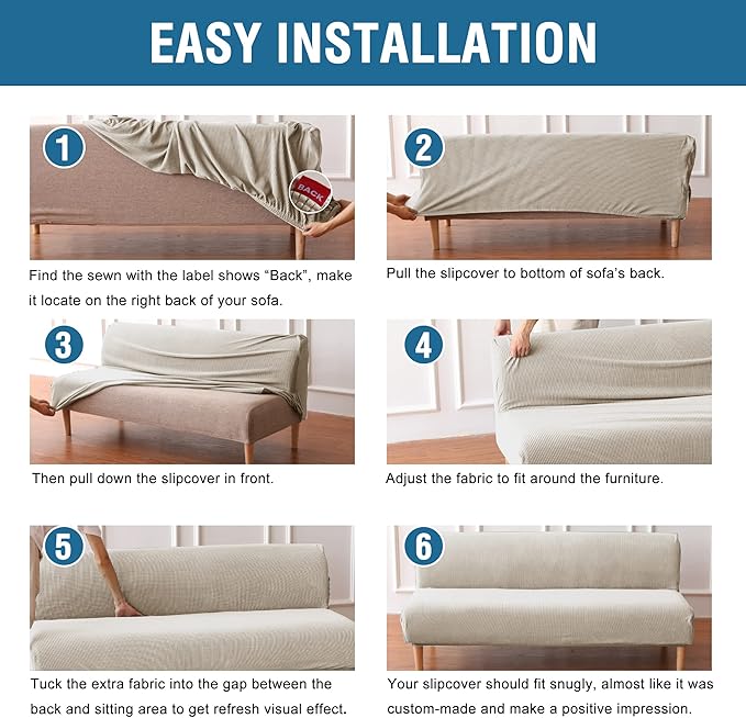 Armless Futon Cover Stretch Sofa Bed Slipcover Protector Elastic Feature Rich Textured High Spandex Small Checks Jacquard Fabric Futon Cover, Machine Washable, Island Fossi