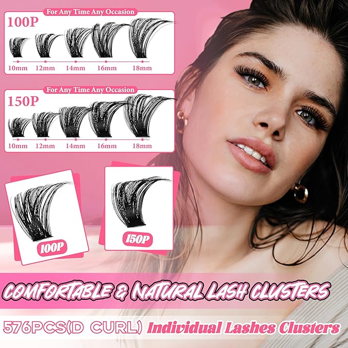 Lash Clusters Kit Cluster Eyelash Extensions 560Pcs Volume 100D 150D Lashes Clusters D Curl Eyelash Clusters DIY Individual Lash Clusters Eyelash Glue Lash Tweezers