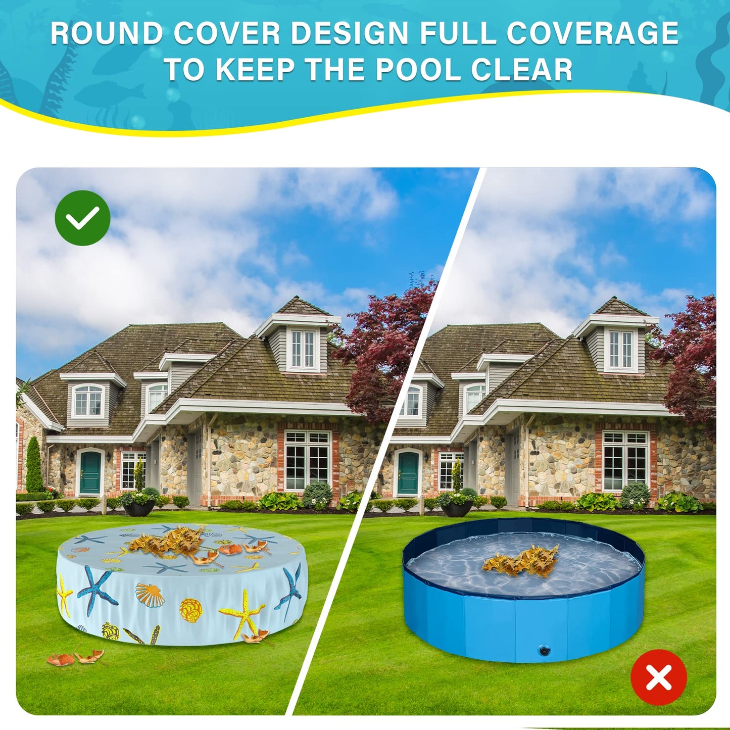 Ladadee Foldable Round Dog Swimming Pool Cover, for 32 "/63“/48” Collapsible Outdoor Tub, PVC Coating Waterproof and UV Protection, Leakproof Washable Kiddie Pet Small Paddling Bath Accessories