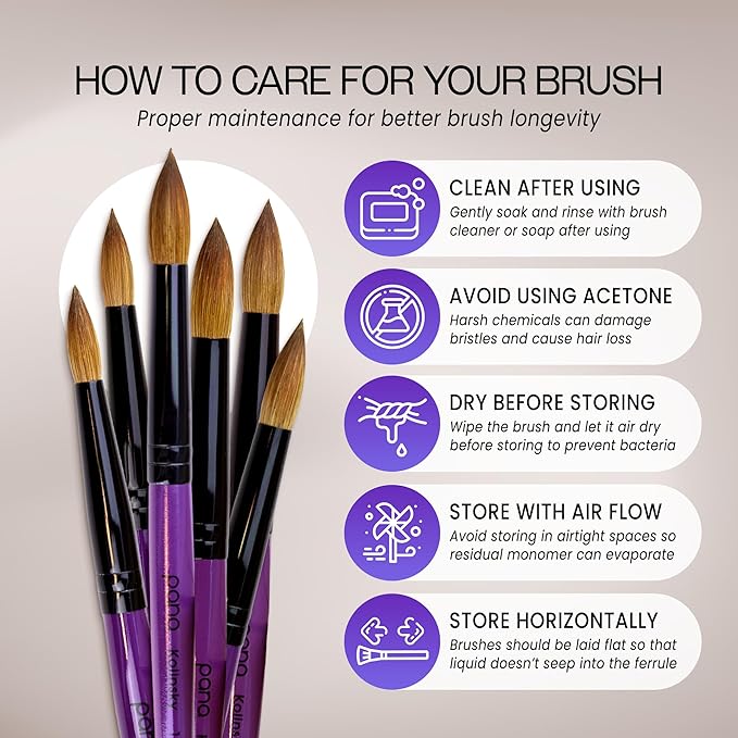 PANA Pure Kolinsky Hair Acrylic Nail Brush - Round Shape Black Ferrule with Purple Wood Handle (Size 16) - Nail Brush for Acrylic Nail Application, Nail Extension, Manicure Pedicure Salon Beginner and